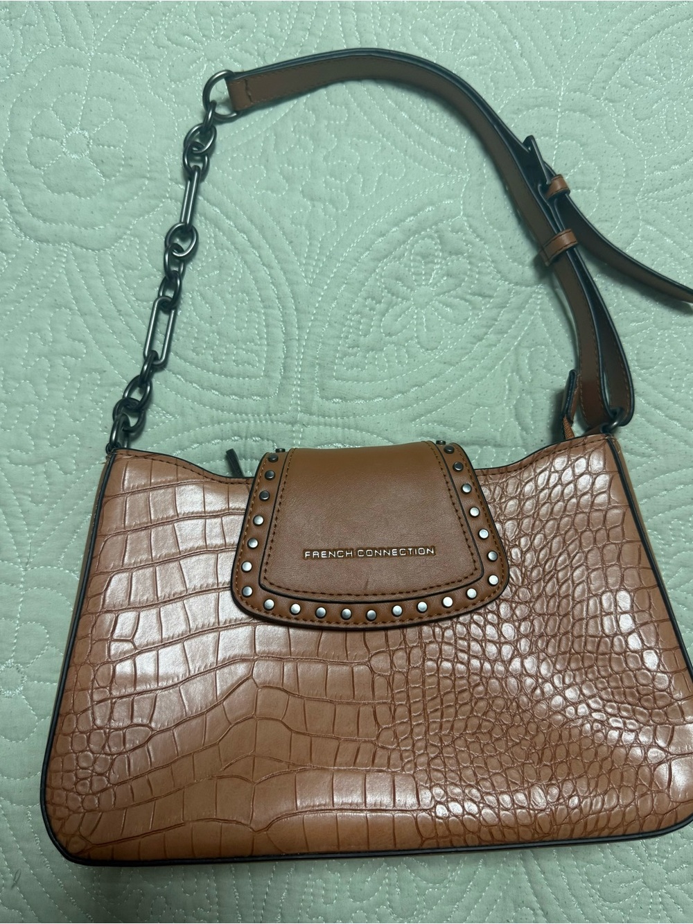French Connection Tan Croc-Embossed Shoulder Bag with Stud Detail